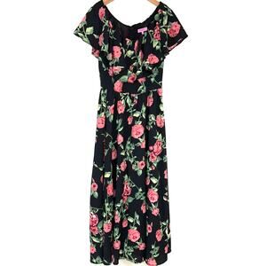 Rebel Love Clothing Pink Black Rose Floral Ruffle Maxi Dress Size Small